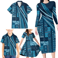 Pasifika Women's Day - Samoa Siapo Malu Tattoo Inspired Family Matching Long Sleeve Bodycon Dress and Hawaiian Shirt Navy Blue