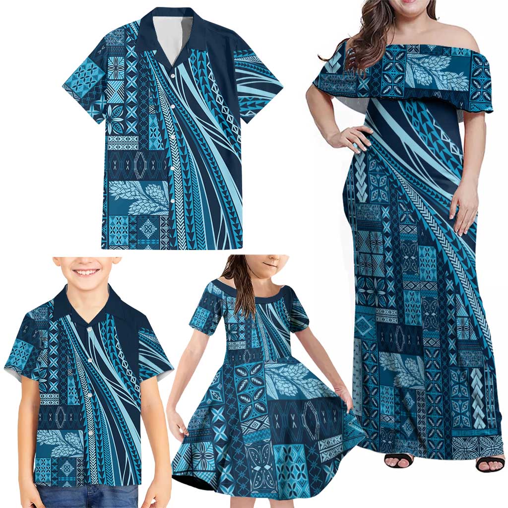Pasifika Women's Day - Samoa Siapo Malu Tattoo Inspired Family Matching Off Shoulder Maxi Dress and Hawaiian Shirt Navy Blue LT7 - Polynesian Pride