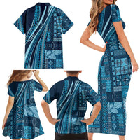 Pasifika Women's Day - Samoa Siapo Malu Tattoo Inspired Family Matching Short Sleeve Bodycon Dress and Hawaiian Shirt Navy Blue
