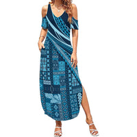 Pasifika Women's Day - Samoa Siapo Malu Tattoo Inspired Family Matching Summer Maxi Dress and Hawaiian Shirt Navy Blue