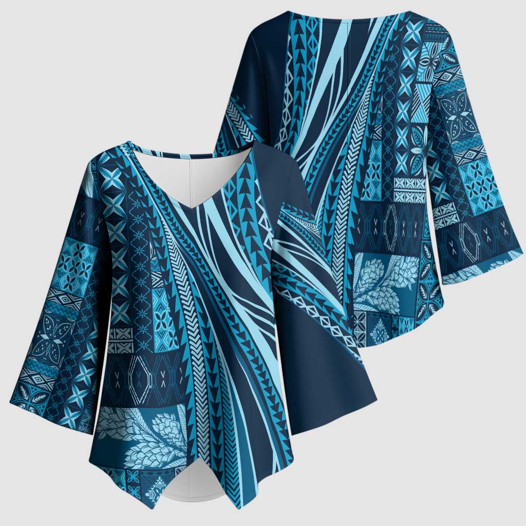 Pasifika Women's Day - Samoa Siapo Malu Tattoo Inspired Kimono Sleeve Blouse Navy Blue LT7 - Polynesian Pride