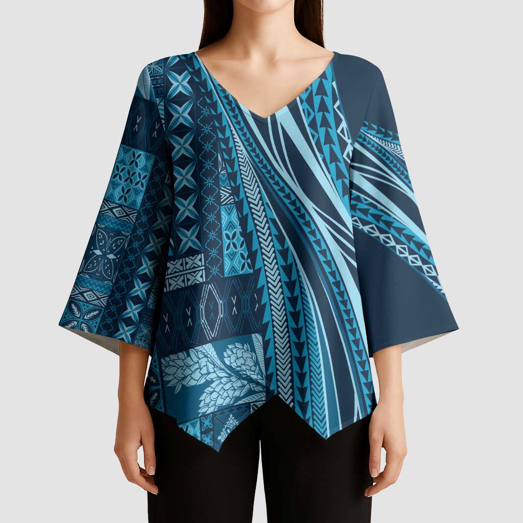 Pasifika Women's Day - Samoa Siapo Malu Tattoo Inspired Kimono Sleeve Blouse Navy Blue LT7 - Polynesian Pride