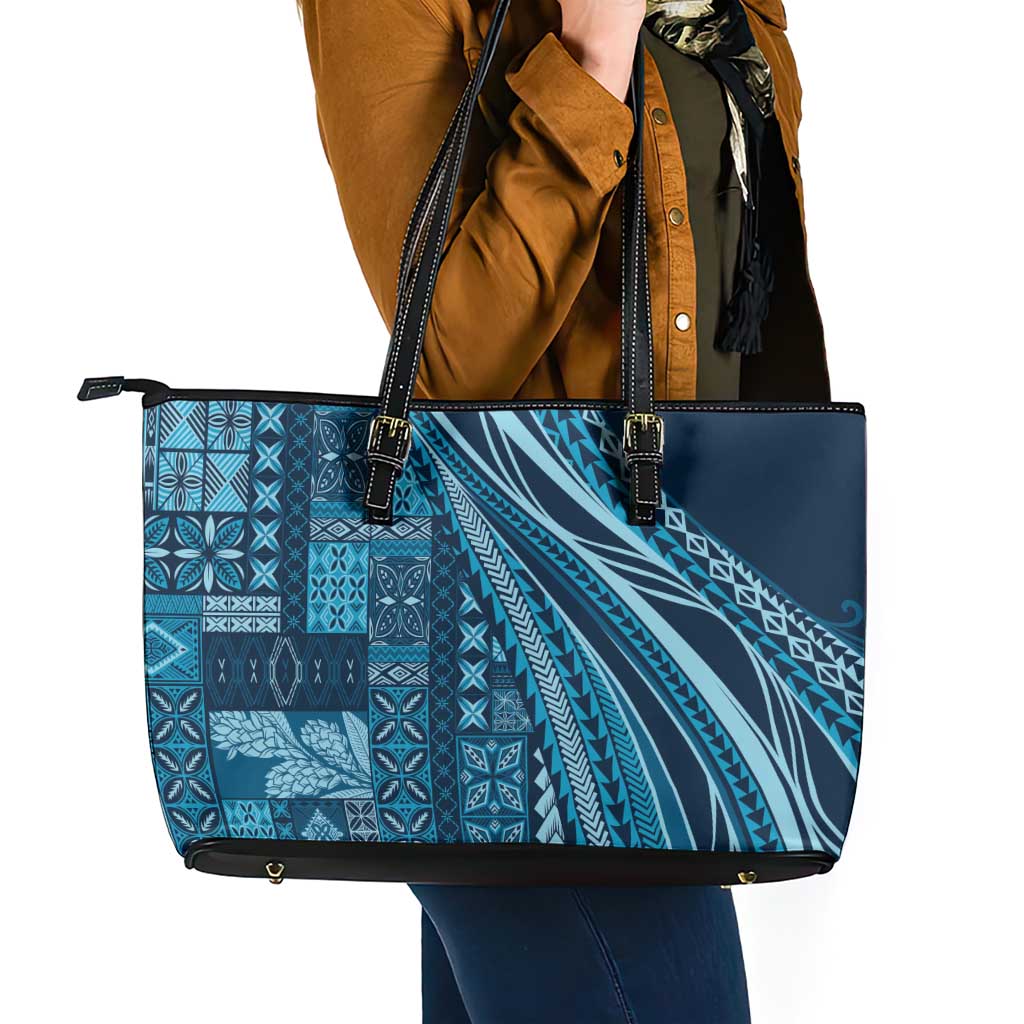 Pasifika Women's Day - Samoa Siapo Malu Tattoo Inspired Leather Tote Bag Navy Blue LT7 - Polynesian Pride