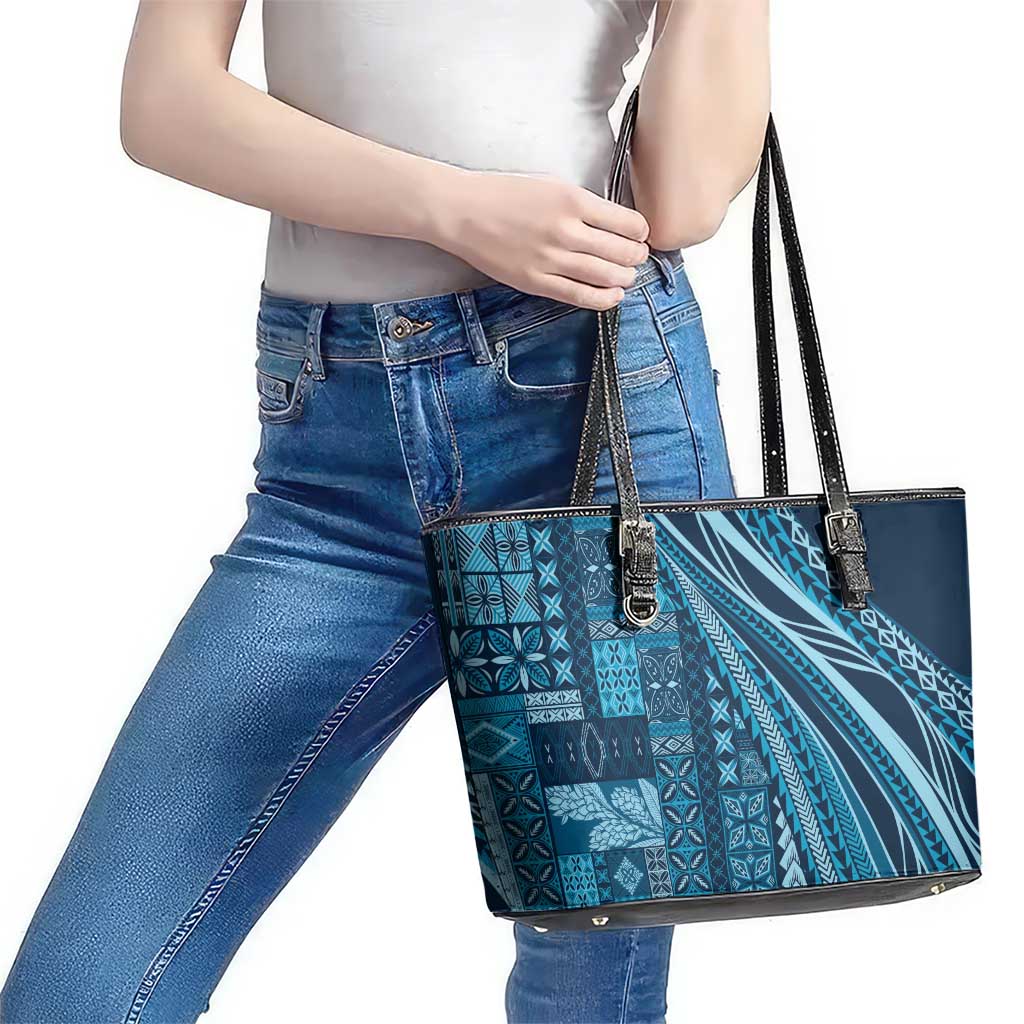 Pasifika Women's Day - Samoa Siapo Malu Tattoo Inspired Leather Tote Bag Navy Blue LT7 - Polynesian Pride