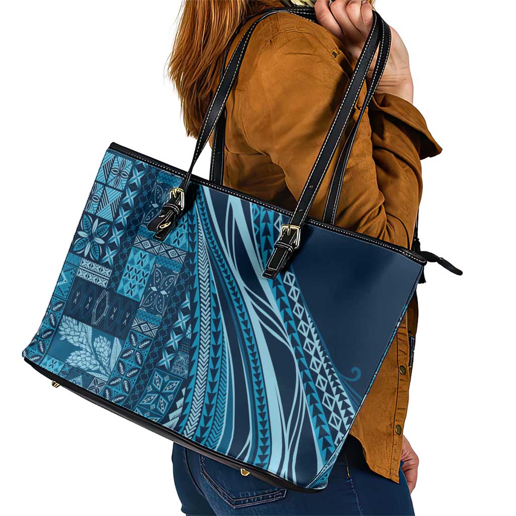 Pasifika Women's Day - Samoa Siapo Malu Tattoo Inspired Leather Tote Bag Navy Blue LT7 - Polynesian Pride