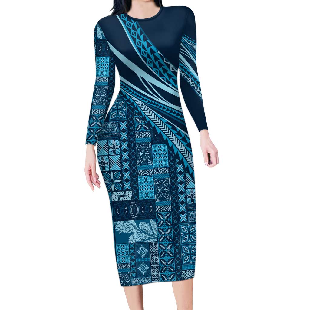 Pasifika Women's Day - Samoa Siapo Malu Tattoo Inspired Long Sleeve Bodycon Dress Navy Blue LT7 Long Dress Navy Blue - Polynesian Pride