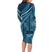 Pasifika Women's Day - Samoa Siapo Malu Tattoo Inspired Long Sleeve Bodycon Dress Navy Blue