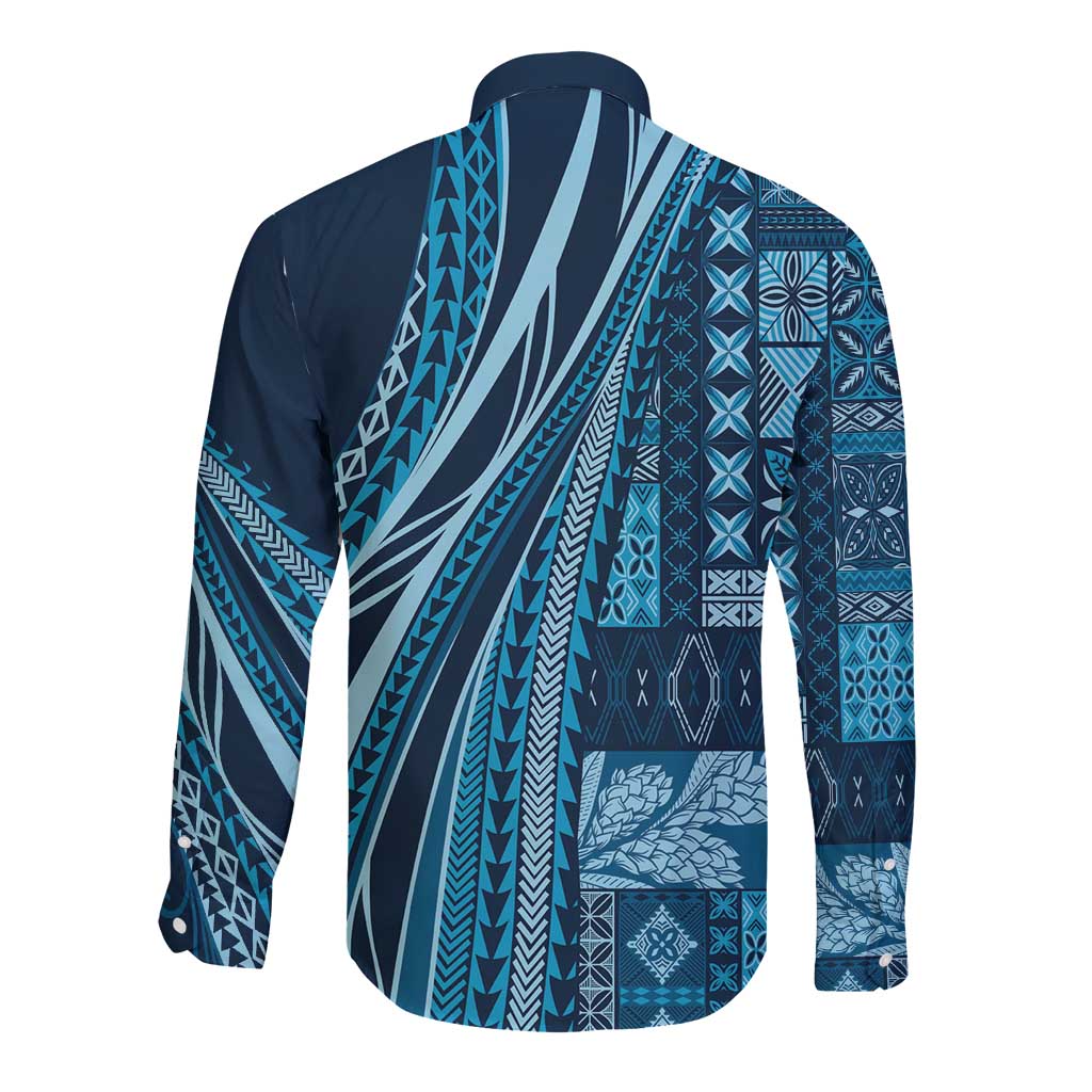 Pasifika Women's Day - Samoa Siapo Malu Tattoo Inspired Long Sleeve Button Shirt Navy Blue LT7 - Polynesian Pride