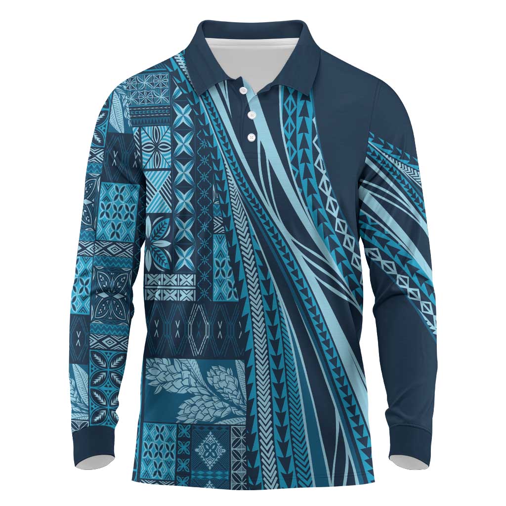 Pasifika Women's Day - Samoa Siapo Malu Tattoo Inspired Long Sleeve Polo Shirt Navy Blue