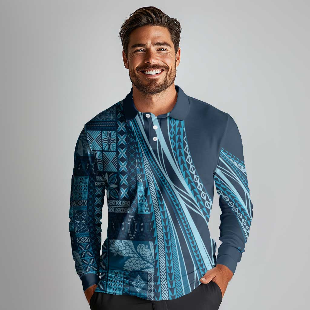 Pasifika Women's Day - Samoa Siapo Malu Tattoo Inspired Long Sleeve Polo Shirt Navy Blue
