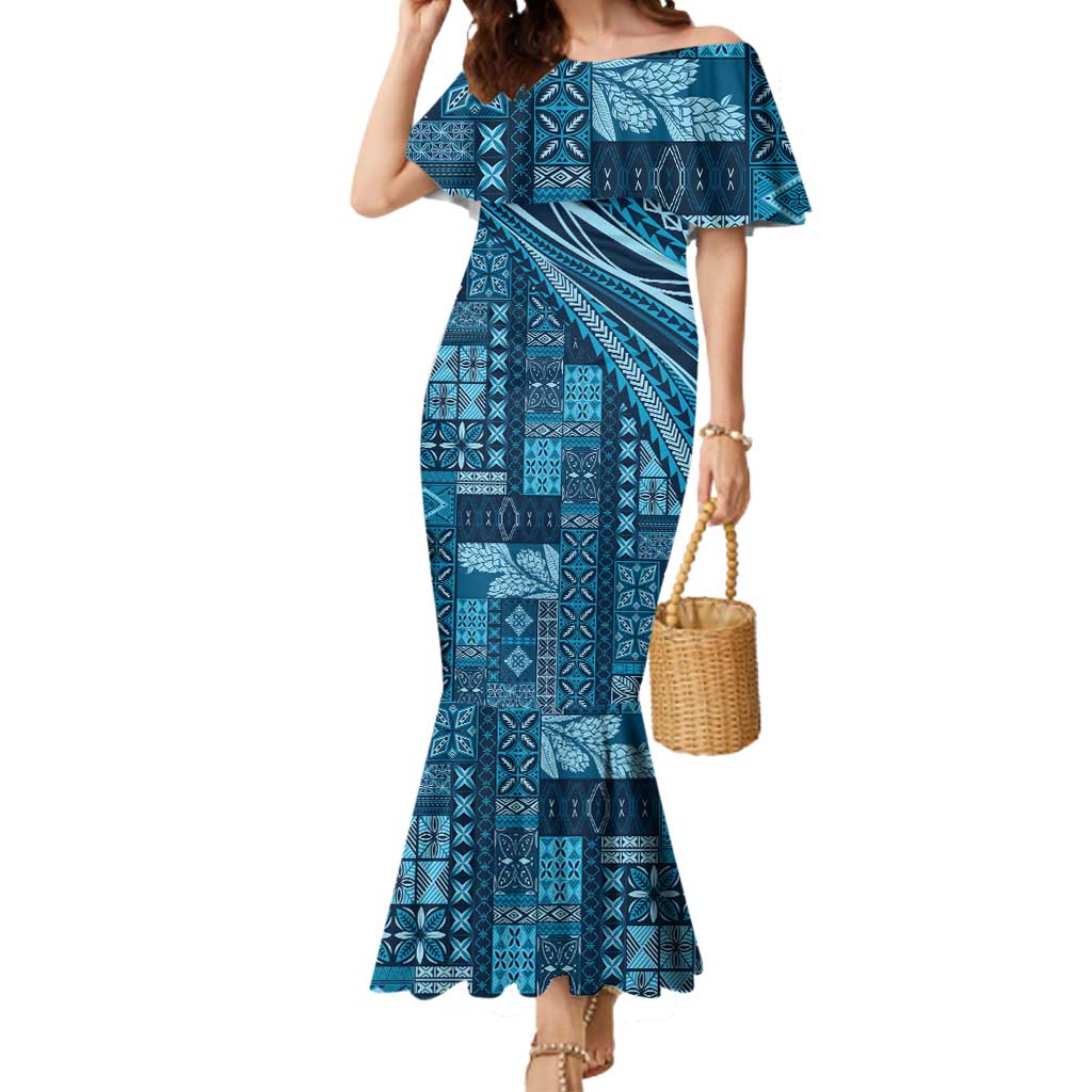 Pasifika Women's Day - Samoa Siapo Malu Tattoo Inspired Mermaid Dress Navy Blue LT7 Women Navy Blue - Polynesian Pride