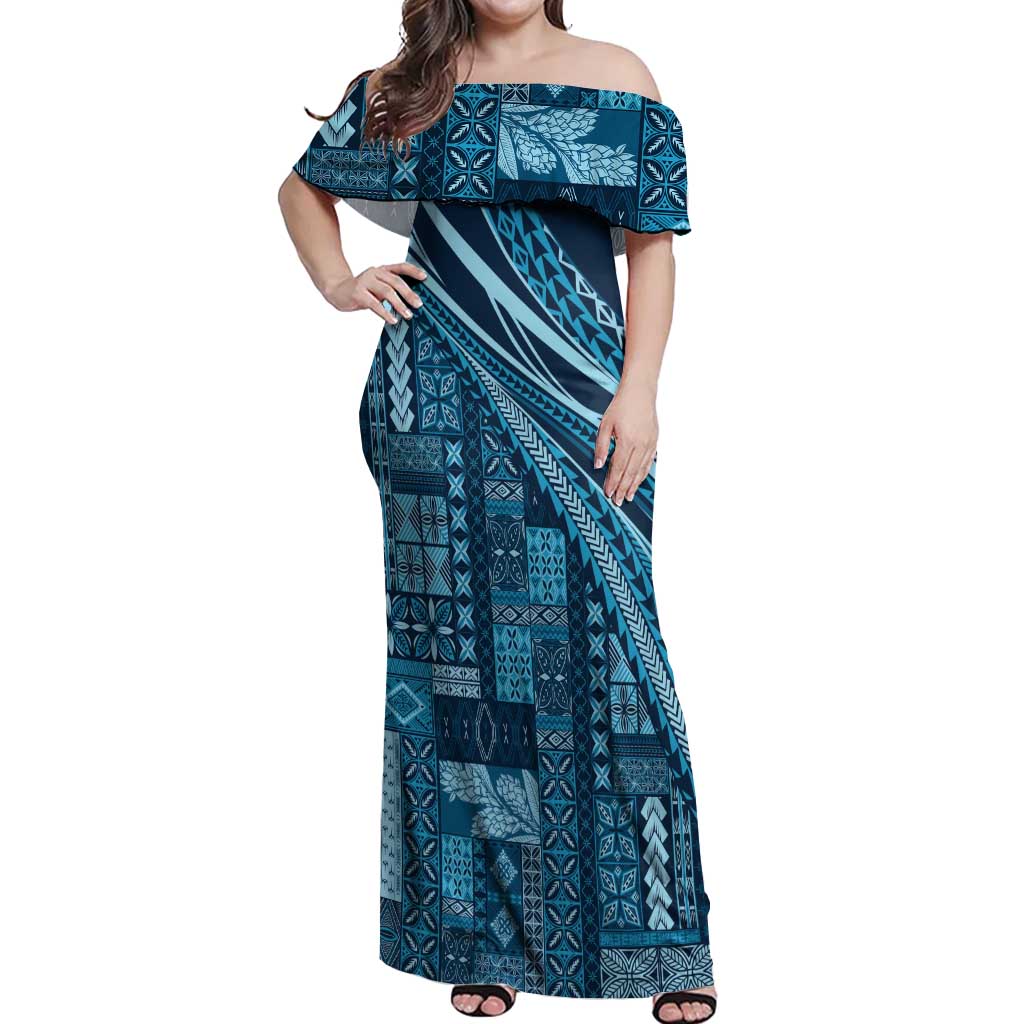 Pasifika Women's Day - Samoa Siapo Malu Tattoo Inspired Off Shoulder Maxi Dress Navy Blue LT7 Women Navy Blue - Polynesian Pride