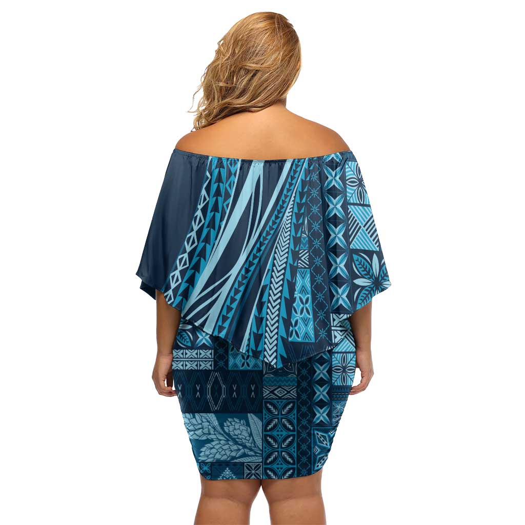 Pasifika Women's Day - Samoa Siapo Malu Tattoo Inspired Off Shoulder Short Dress Navy Blue LT7 - Polynesian Pride