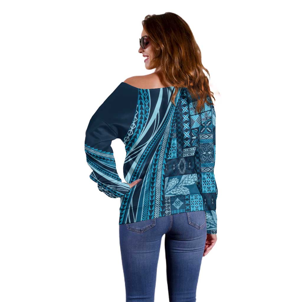 Pasifika Women's Day - Samoa Siapo Malu Tattoo Inspired Off Shoulder Sweater Navy Blue LT7 - Polynesian Pride