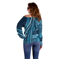 Pasifika Women's Day - Samoa Siapo Malu Tattoo Inspired Off Shoulder Sweater Navy Blue LT7 - Polynesian Pride