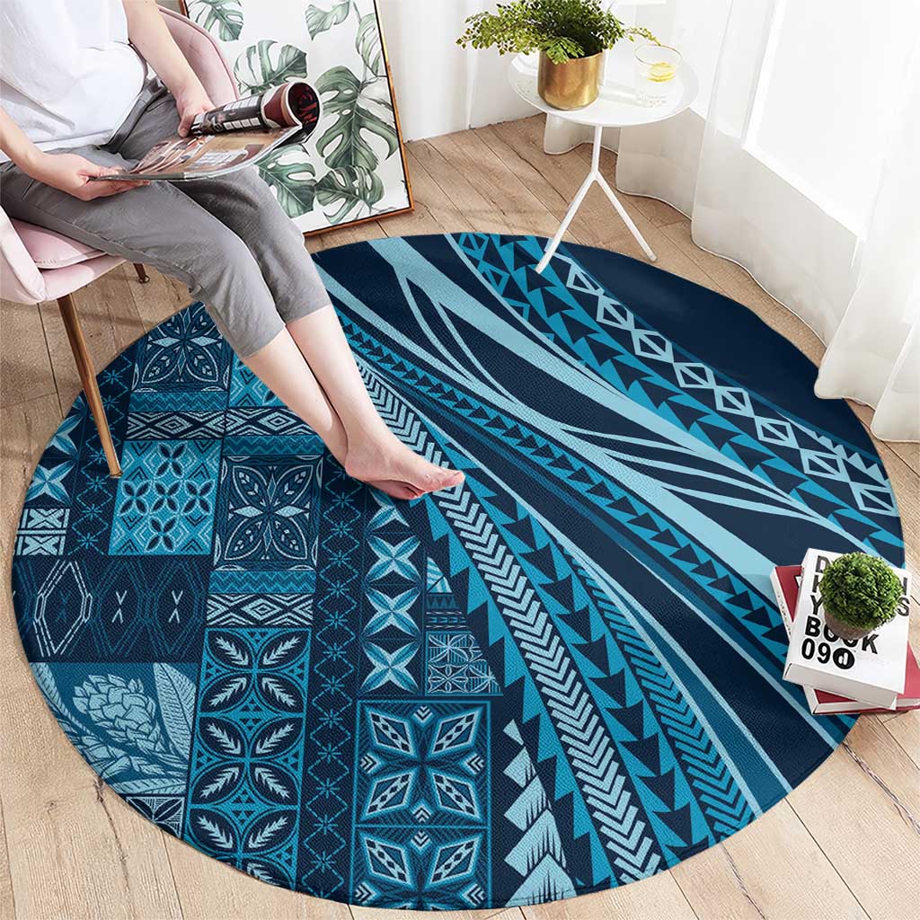 Pasifika Women's Day - Samoa Siapo Malu Tattoo Inspired Round Carpet Navy Blue LT7 - Polynesian Pride