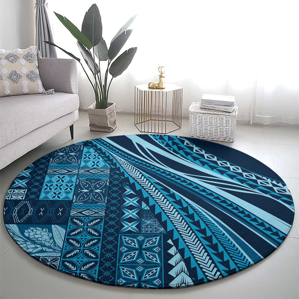 Pasifika Women's Day - Samoa Siapo Malu Tattoo Inspired Round Carpet Navy Blue LT7 - Polynesian Pride