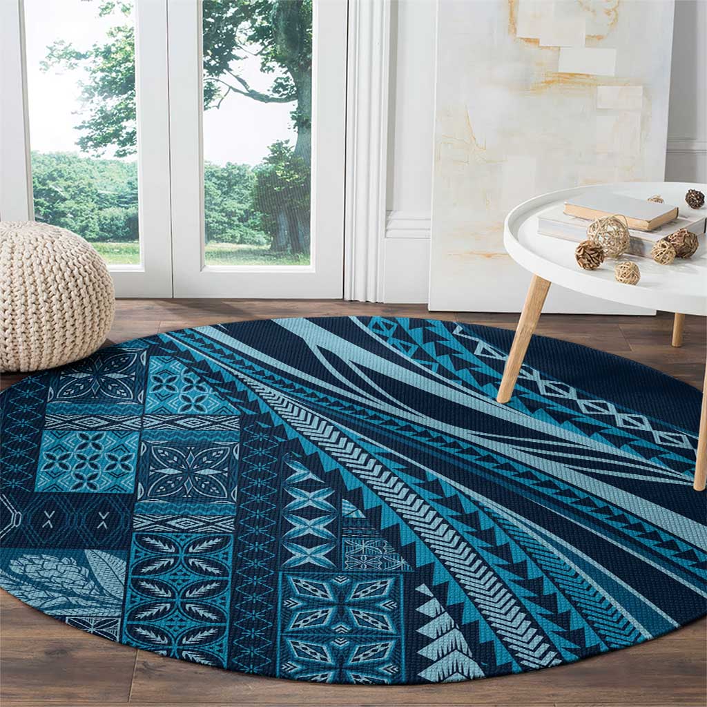 Pasifika Women's Day - Samoa Siapo Malu Tattoo Inspired Round Carpet Navy Blue LT7 - Polynesian Pride