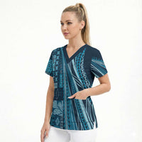 Pasifika Women's Day - Samoa Siapo Malu Tattoo Inspired Scrub Top Navy Blue LT7 - Polynesian Pride