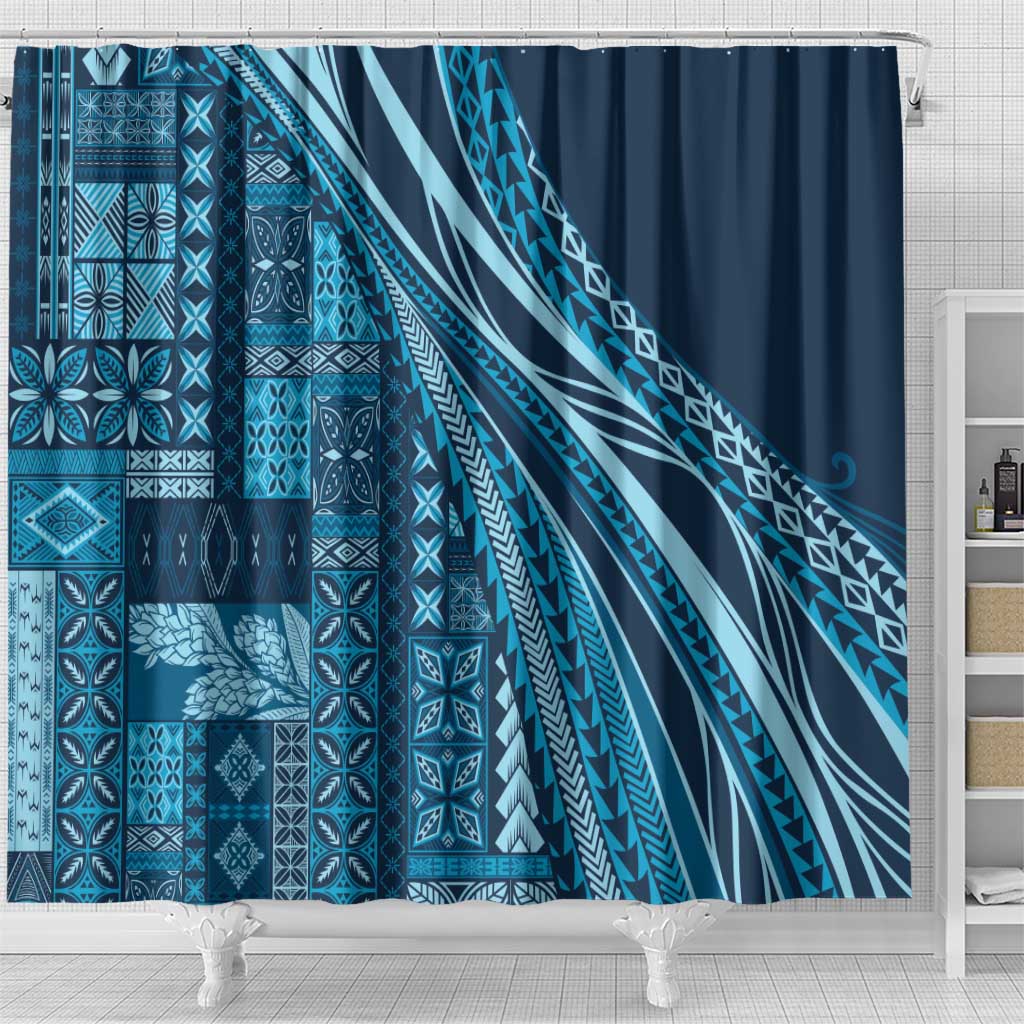 Pasifika Women's Day - Samoa Siapo Malu Tattoo Inspired Shower Curtain Navy Blue LT7 - Polynesian Pride