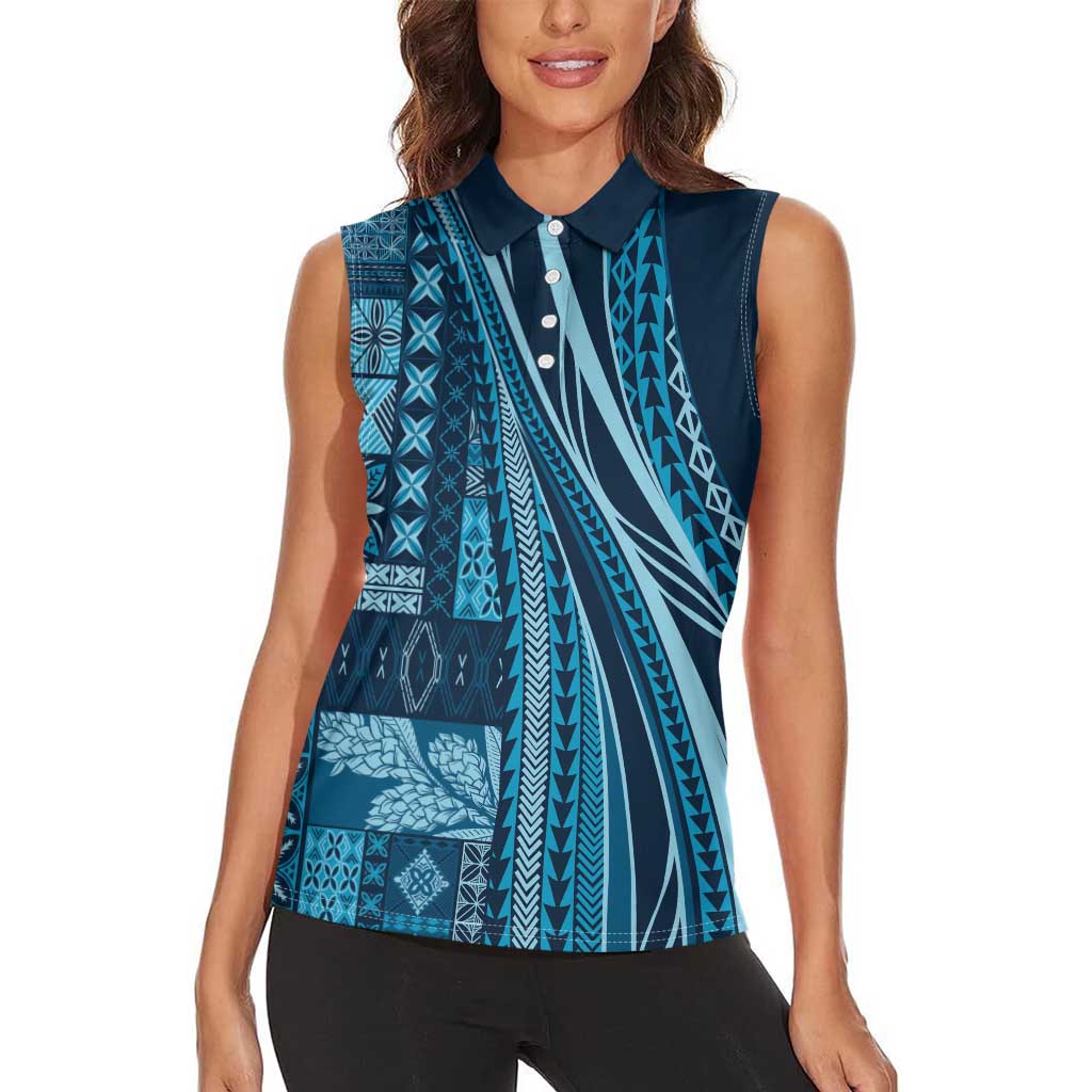 Pasifika Women's Day - Samoa Siapo Malu Tattoo Inspired Women Sleeveless Polo Shirt Navy Blue LT7 - Polynesian Pride
