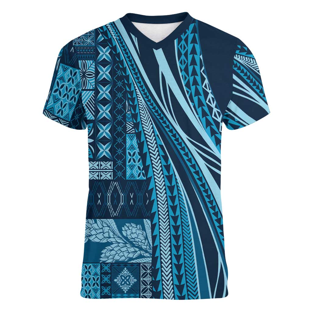 Pasifika Women's Day - Samoa Siapo Malu Tattoo Inspired Women V-Neck T-Shirt Navy Blue LT7 Female Navy Blue - Polynesian Pride