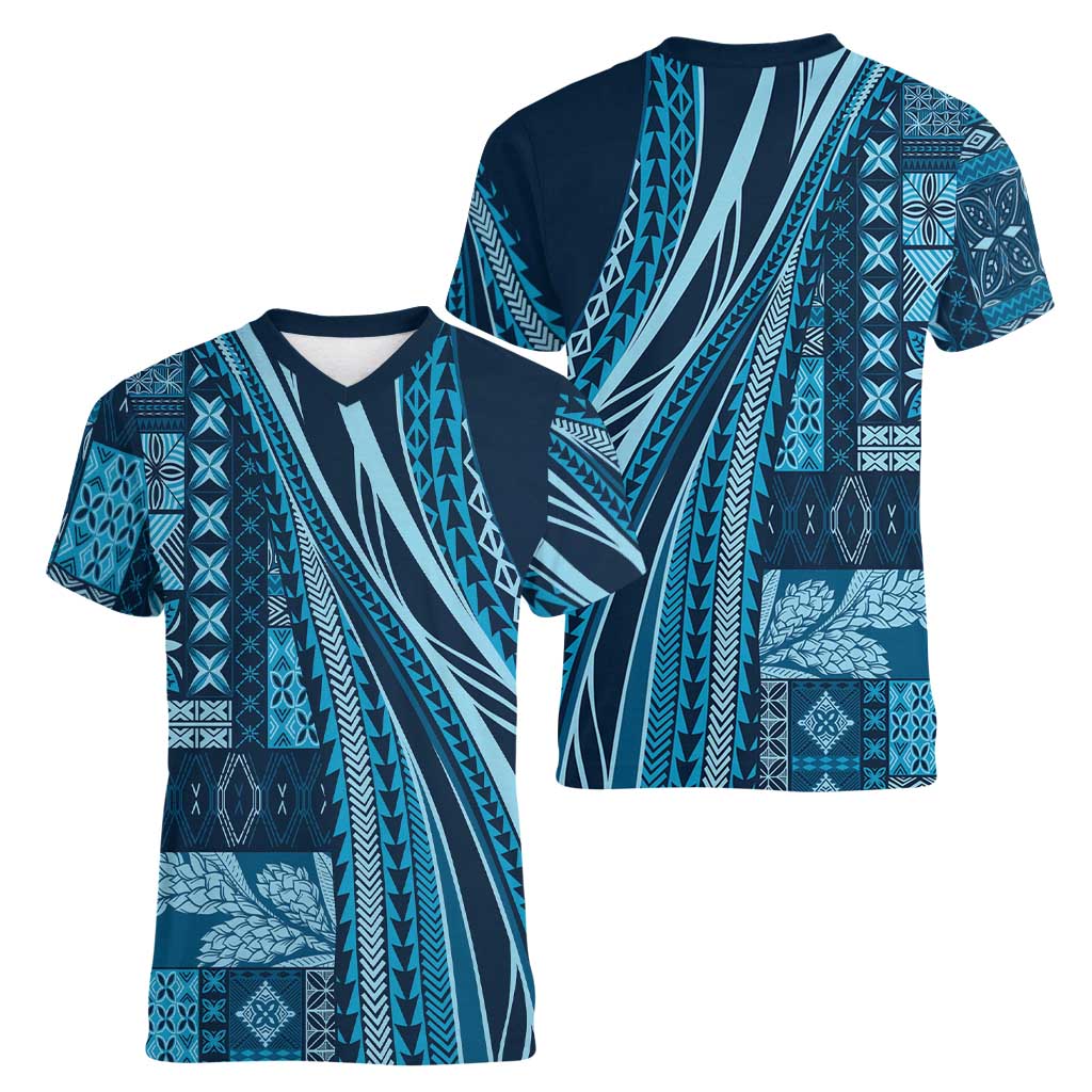 Pasifika Women's Day - Samoa Siapo Malu Tattoo Inspired Women V-Neck T-Shirt Navy Blue