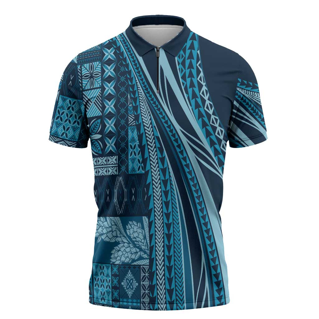 Pasifika Women's Day - Samoa Siapo Malu Tattoo Inspired Zipper Polo Shirt Navy Blue LT7 Navy Blue - Polynesian Pride