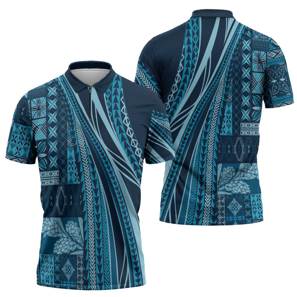 Pasifika Women's Day - Samoa Siapo Malu Tattoo Inspired Zipper Polo Shirt Navy Blue LT7 - Polynesian Pride