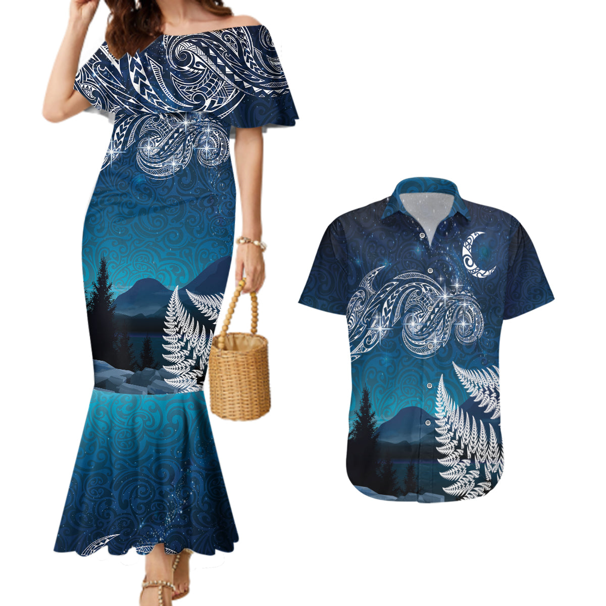 New Zealand Matariki Couples Matching Mermaid Dress and Hawaiian Shirt Starry Night Style