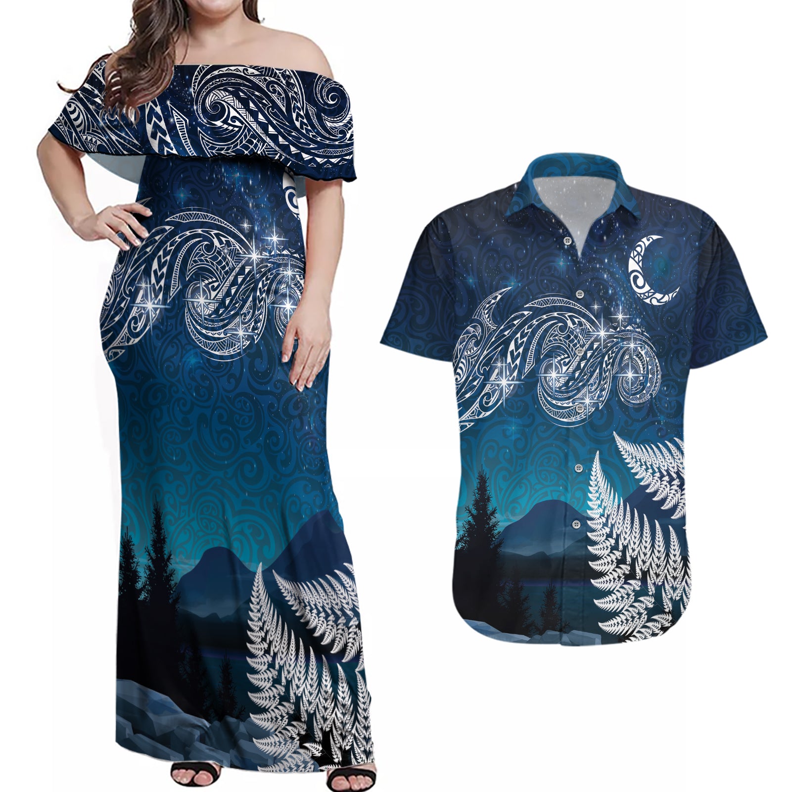 New Zealand Matariki Couples Matching Off Shoulder Maxi Dress and Hawaiian Shirt Starry Night Style