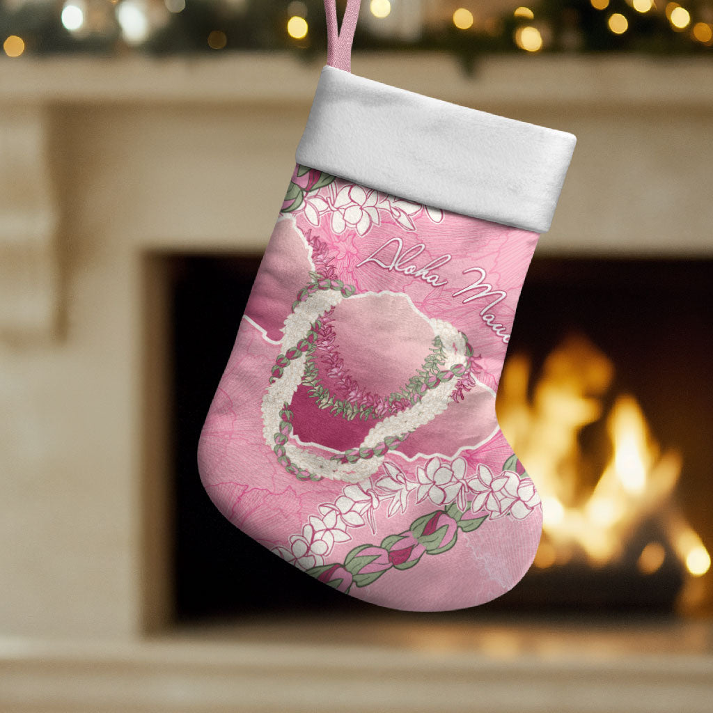 Hawaii Maui Island Flowers Lei Christmas Stocking Lokelani Rose Pink