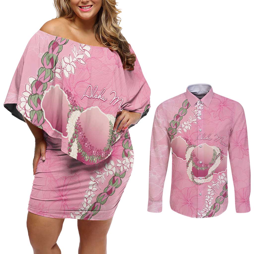 Hawaii Maui Island Flowers Lei Couples Matching Off Shoulder Short Dress and Long Sleeve Button Shirt Lokelani Rose Pink
