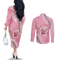 Hawaii Maui Island Flowers Lei Couples Matching Off The Shoulder Long Sleeve Dress and Long Sleeve Button Shirt Lokelani Rose Pink LT7 - Polynesian Pride