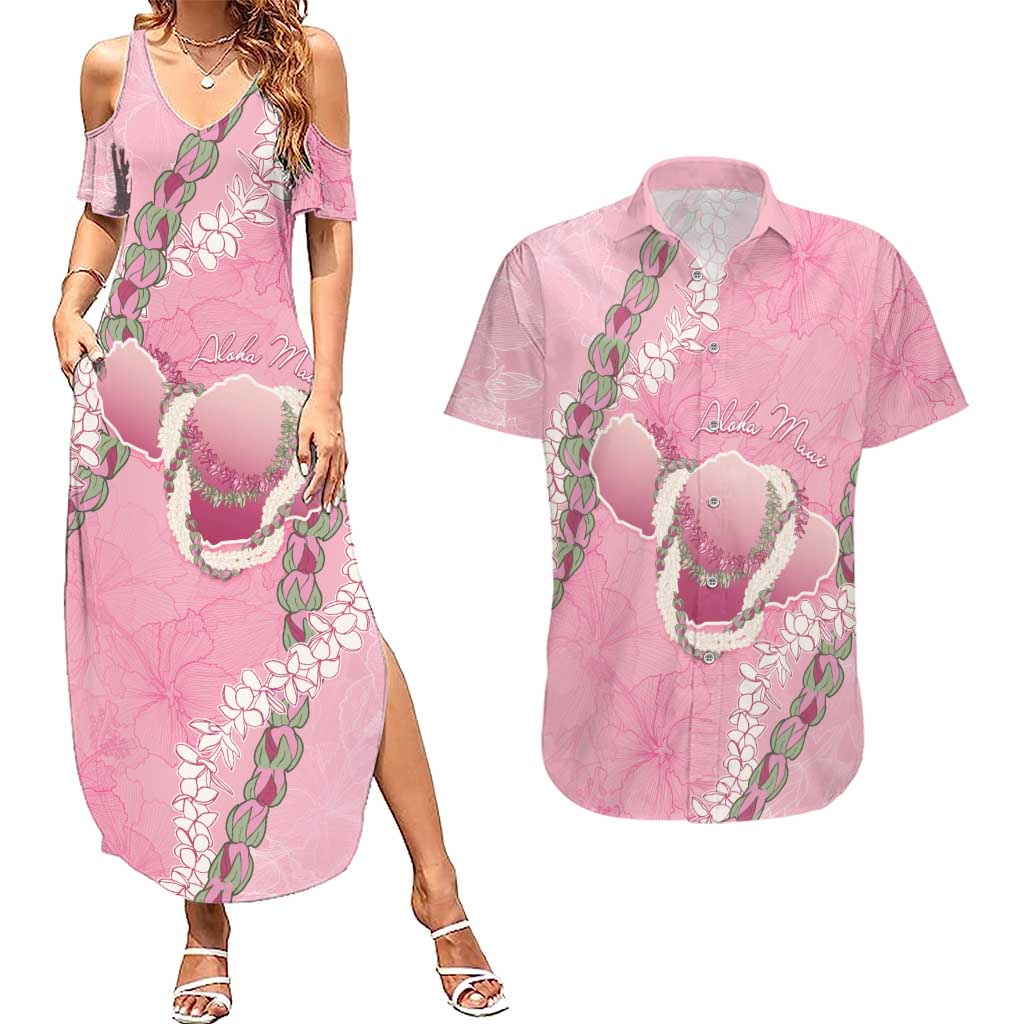 Hawaii Maui Island Flowers Lei Couples Matching Summer Maxi Dress and Hawaiian Shirt Lokelani Rose Pink