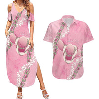 Hawaii Maui Island Flowers Lei Couples Matching Summer Maxi Dress and Hawaiian Shirt Lokelani Rose Pink