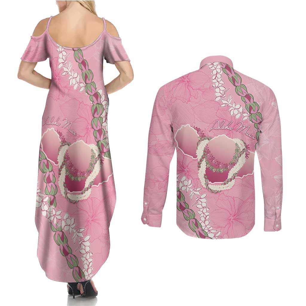 Hawaii Maui Island Flowers Lei Couples Matching Summer Maxi Dress and Long Sleeve Button Shirt Lokelani Rose Pink