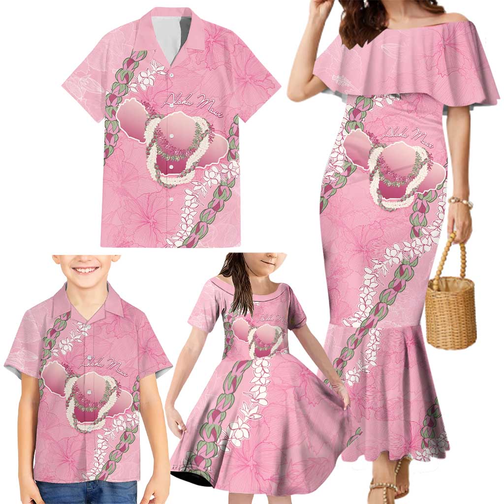 Hawaii Maui Island Flowers Lei Family Matching Mermaid Dress and Hawaiian Shirt Lokelani Rose Pink