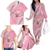 Hawaii Maui Island Flowers Lei Family Matching Off The Shoulder Long Sleeve Dress and Hawaiian Shirt Lokelani Rose Pink