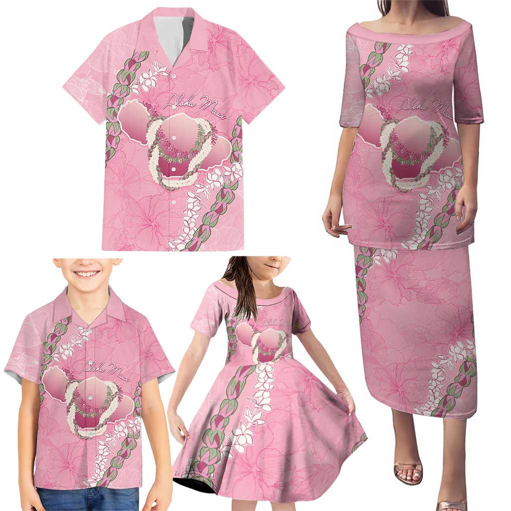 Hawaii Maui Island Flowers Lei Family Matching Puletasi and Hawaiian Shirt Lokelani Rose Pink