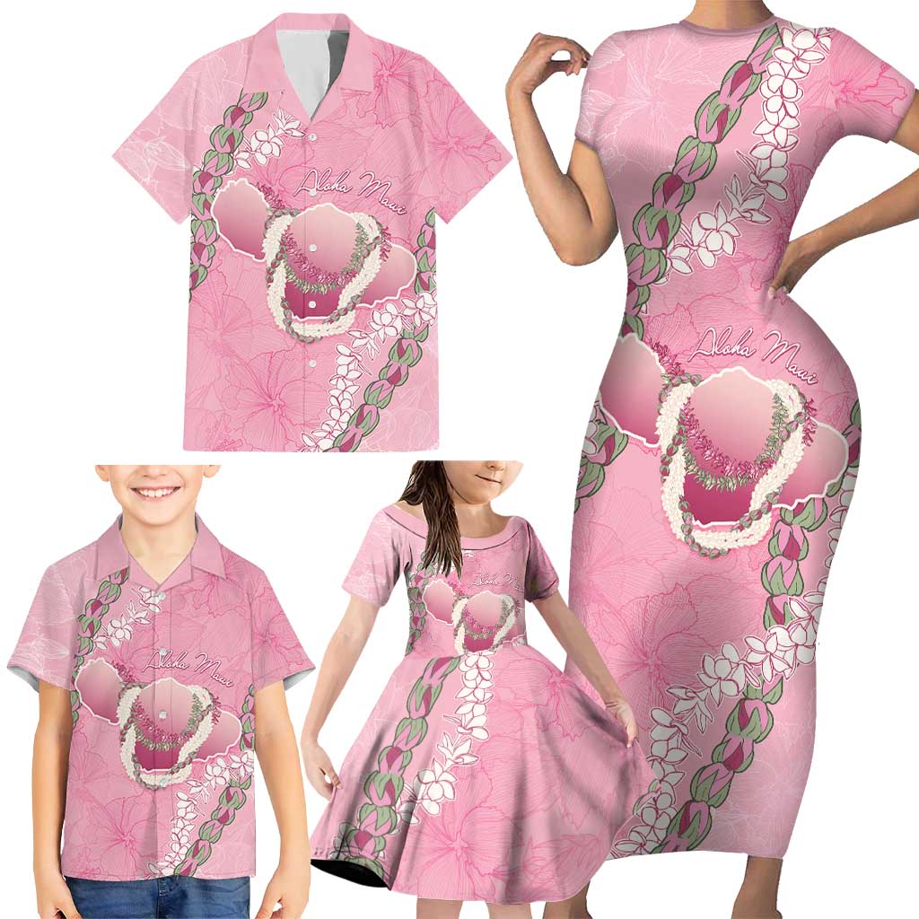 Hawaii Maui Island Flowers Lei Family Matching Short Sleeve Bodycon Dress and Hawaiian Shirt Lokelani Rose Pink