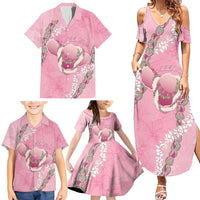 Hawaii Maui Island Flowers Lei Family Matching Summer Maxi Dress and Hawaiian Shirt Lokelani Rose Pink