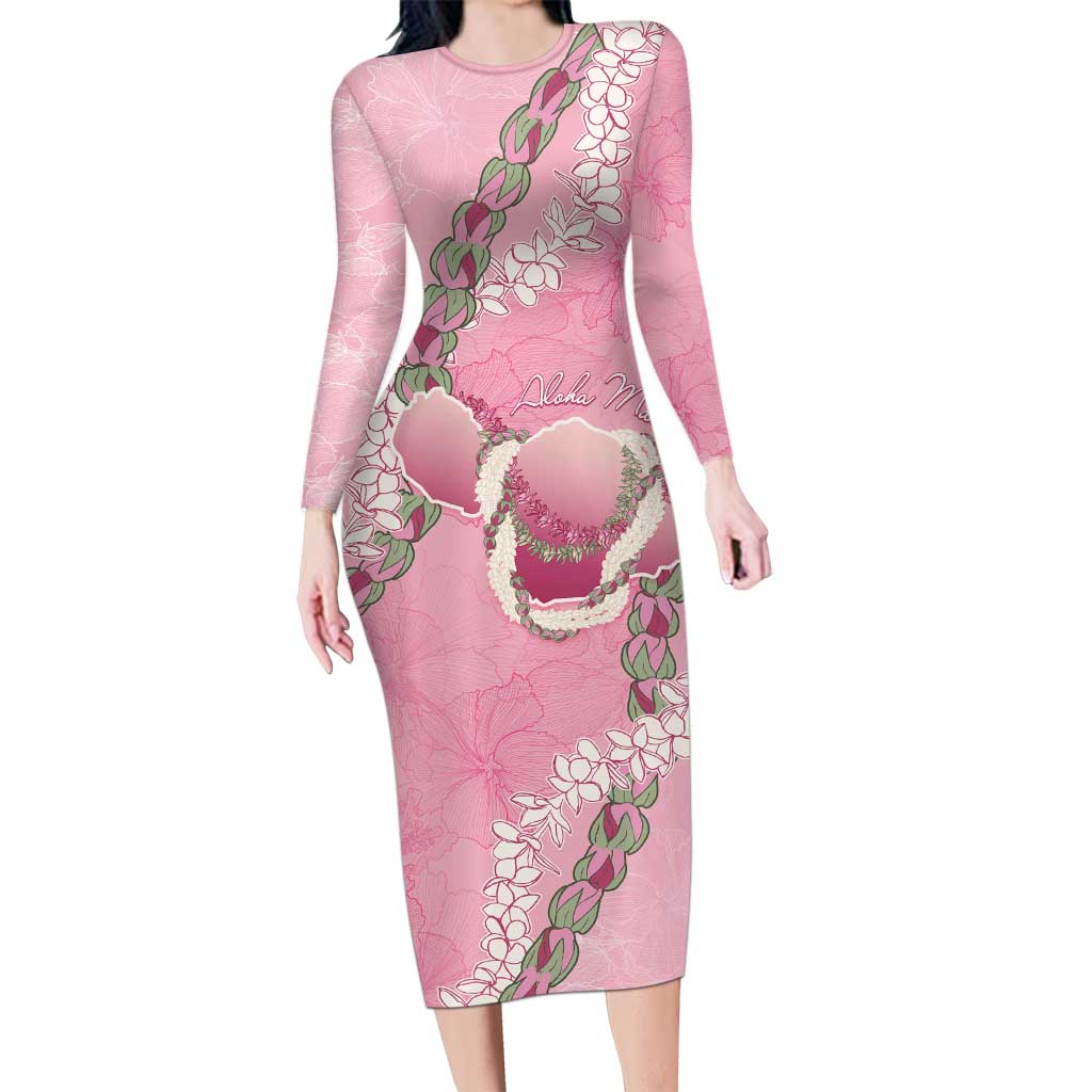 Hawaii Maui Island Flowers Lei Long Sleeve Bodycon Dress Lokelani Rose Pink LT7 Long Dress Pink - Polynesian Pride
