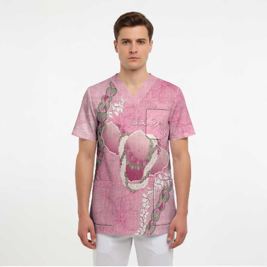 Hawaii Maui Island Flowers Lei Scrub Top Lokelani Rose Pink LT7 - Polynesian Pride