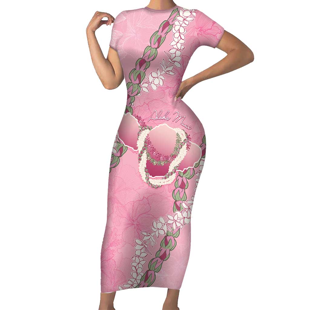 Hawaii Maui Island Flowers Lei Short Sleeve Bodycon Dress Lokelani Rose Pink LT7 Long Dress Pink - Polynesian Pride