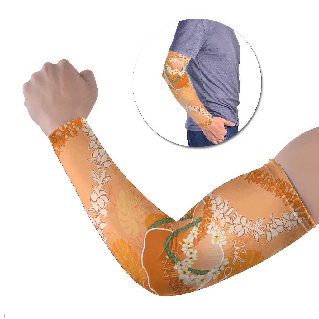 Hawaii Lanai Island Flowers Lei Arm Sleeves Orange Kaunaoa Mix Maile LT7 Set of 2 Orange - Polynesian Pride