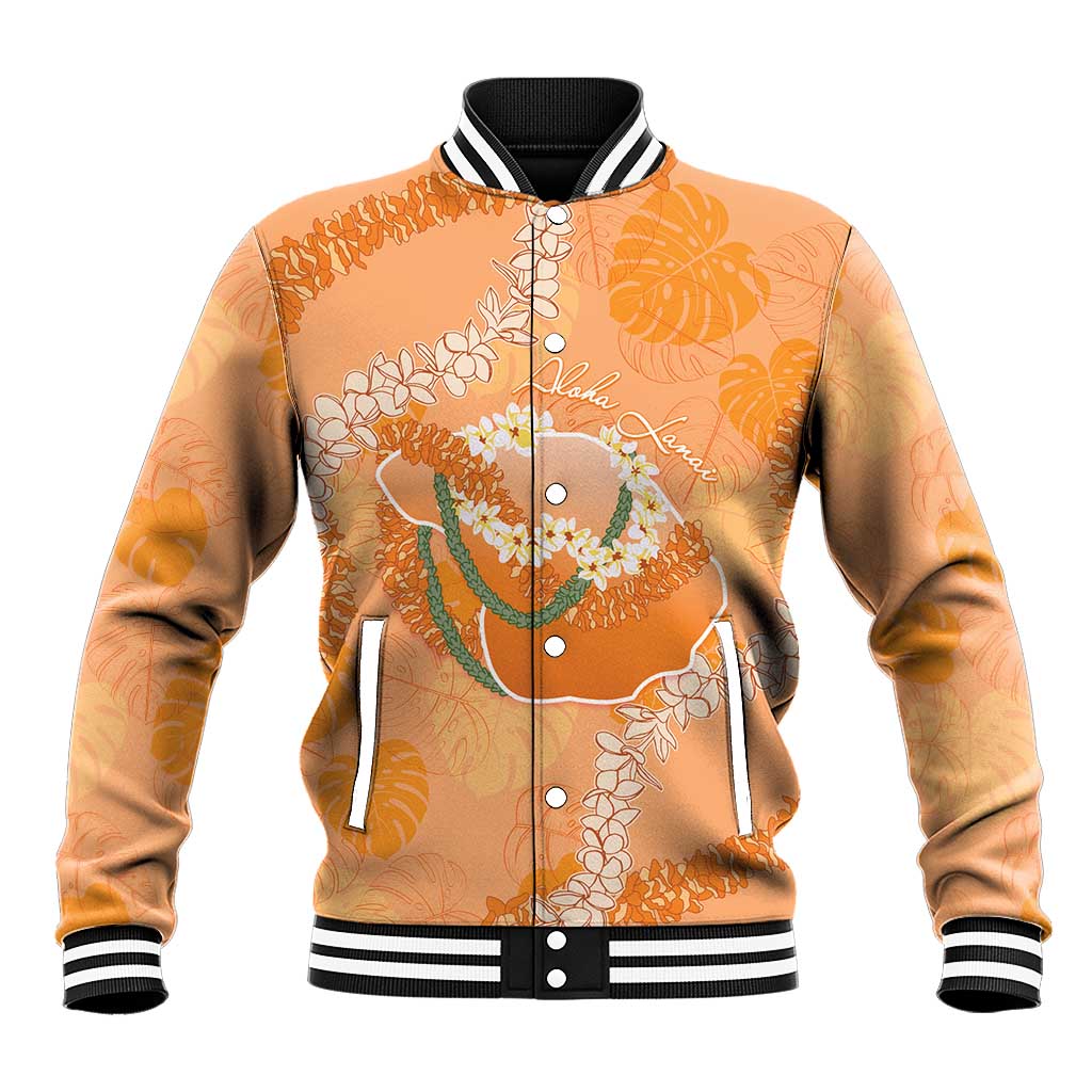 Hawaii Lanai Island Flowers Lei Baseball Jacket Orange Kaunaoa Mix Maile LT7 Unisex Orange - Polynesian Pride