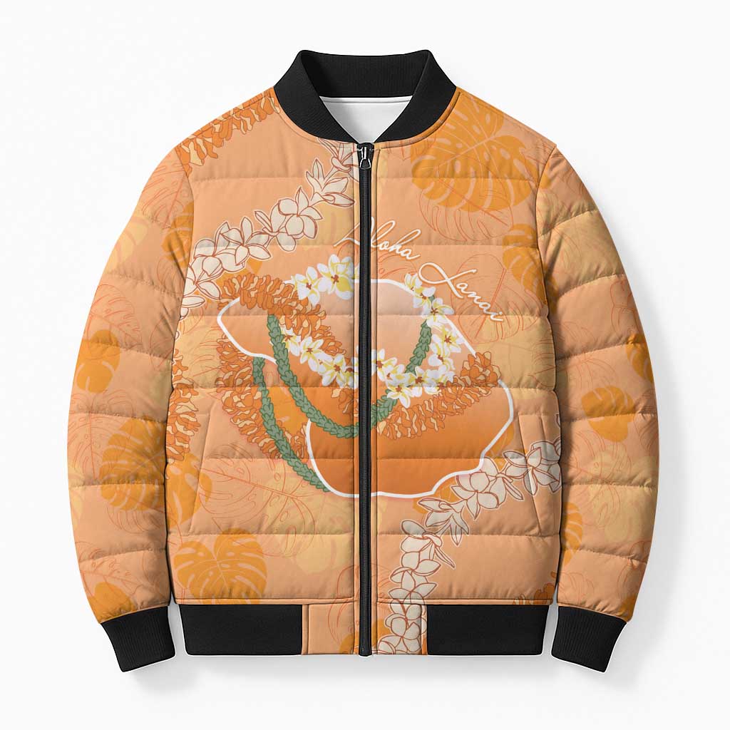 Hawaii Lanai Island Flowers Lei Bomber Puffer Jacket Orange Kaunaoa Mix Maile LT7 Unisex Orange - Polynesian Pride
