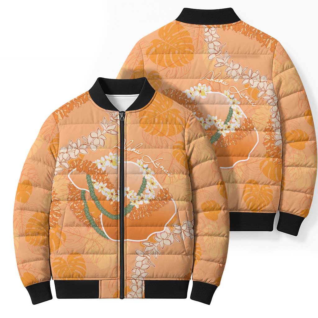 Hawaii Lanai Island Flowers Lei Bomber Puffer Jacket Orange Kaunaoa Mix Maile LT7 - Polynesian Pride