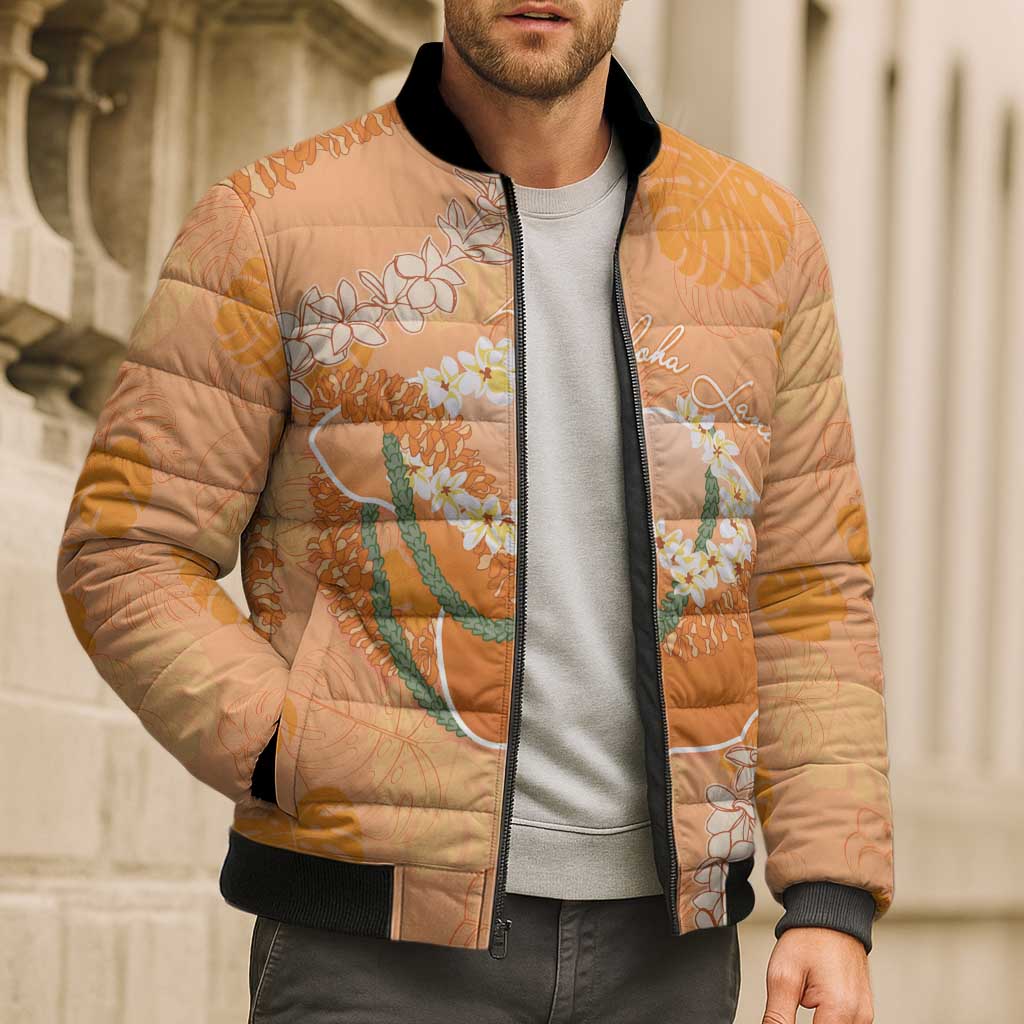 Hawaii Lanai Island Flowers Lei Bomber Puffer Jacket Orange Kaunaoa Mix Maile LT7 - Polynesian Pride
